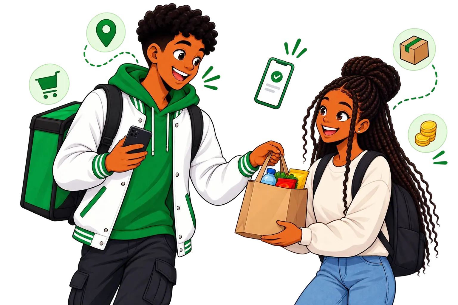 Two ErrandG student runners in branded jackets waving on campus